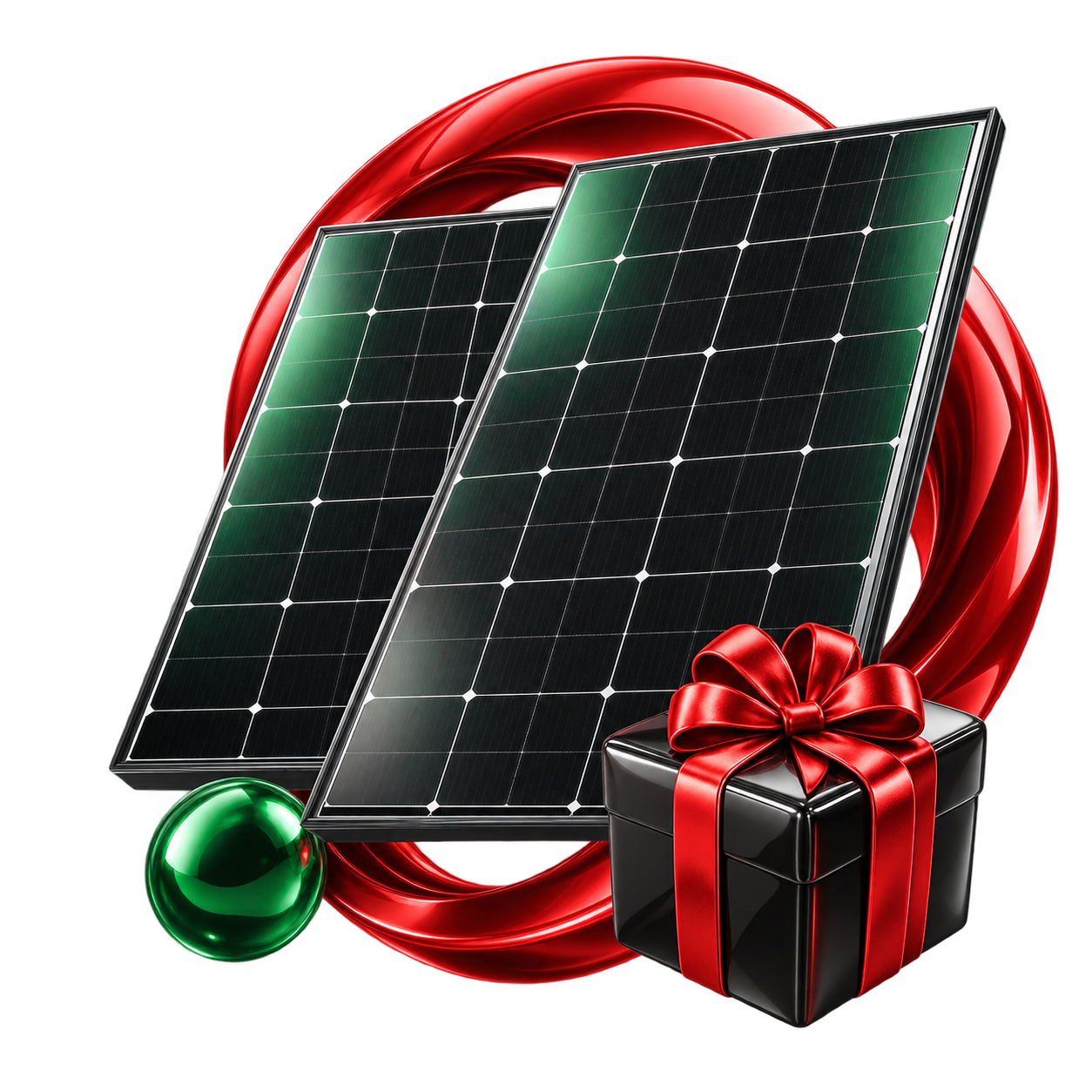 Composição 3D com painéis solares e presente nas cores da campanha